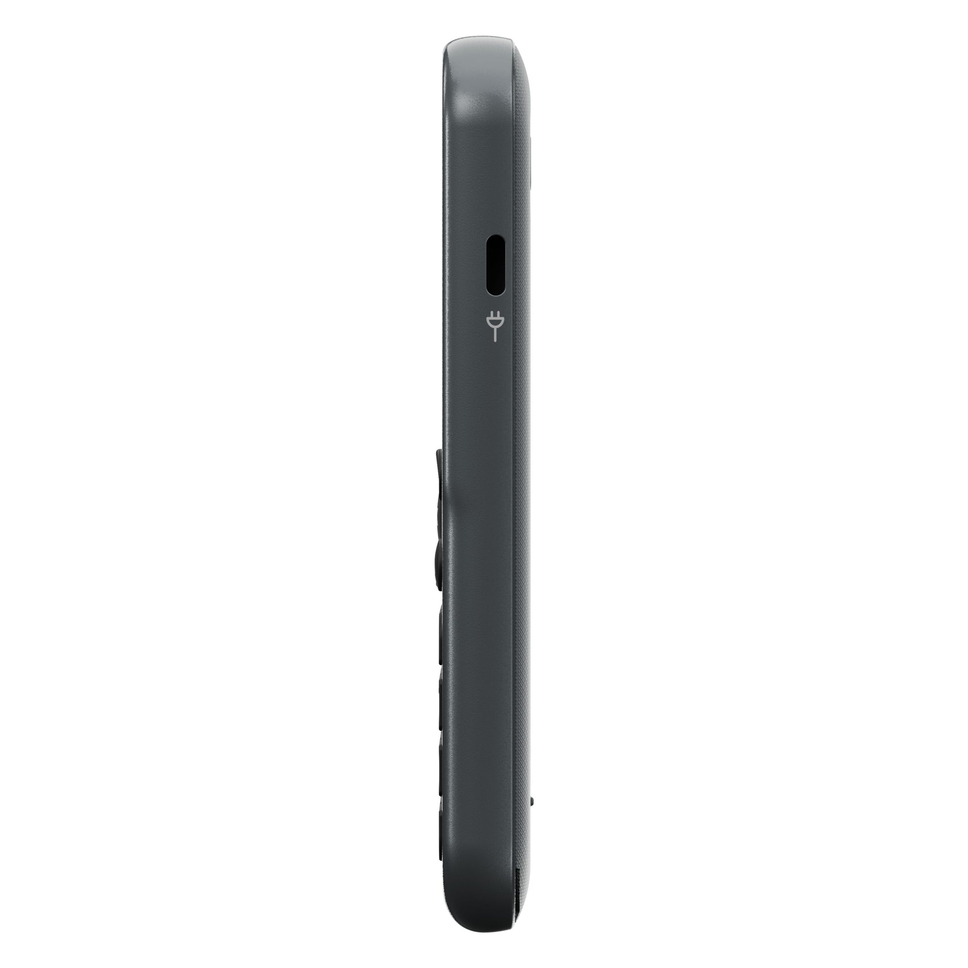 Doro Leva L11 mobiltelefon 4G mørkegrå fra siden med slankt design, fysiske knapper, SOS-knap og enkelt ladeport.