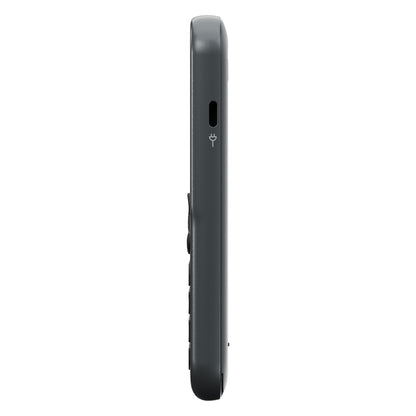 Doro Leva L11 mobiltelefon 4G mørkegrå fra siden med slankt design, fysiske knapper, SOS-knap og enkelt ladeport.