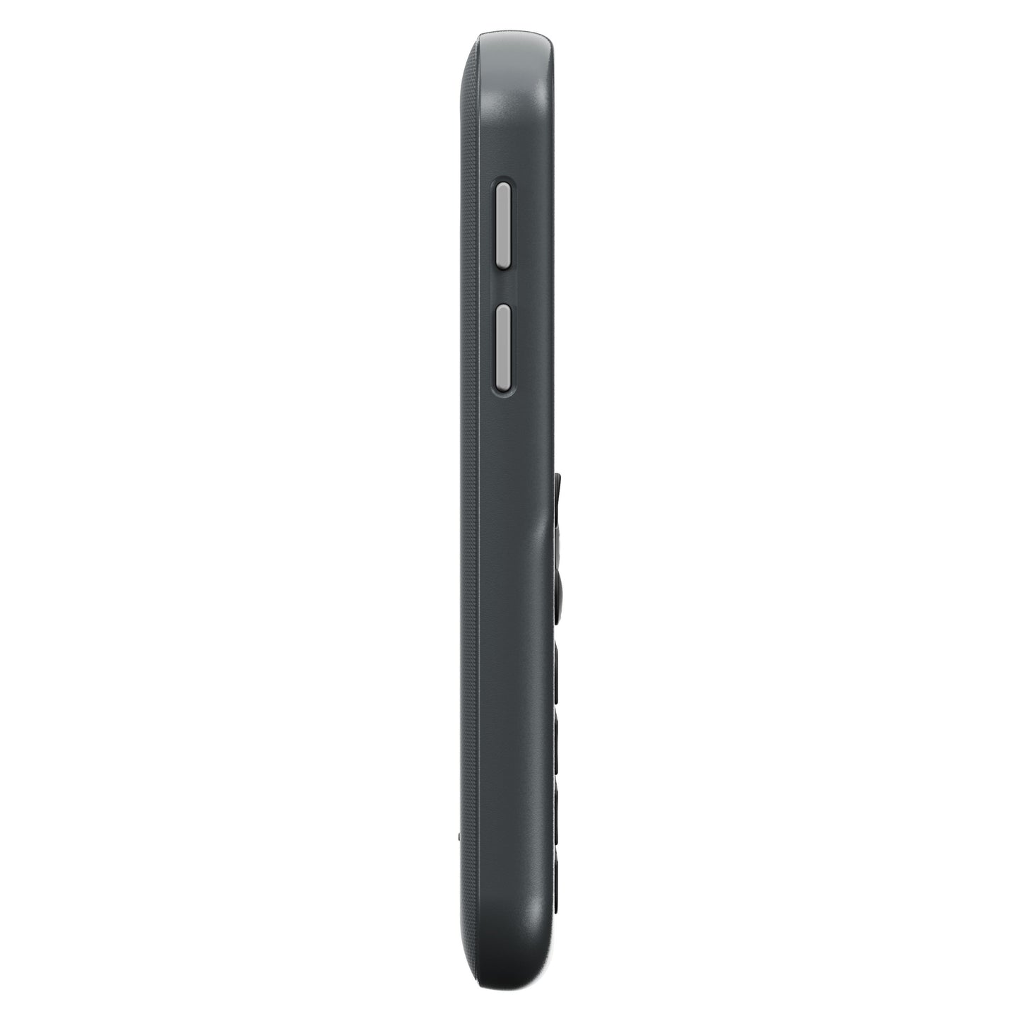 Doro Leva L11 4G mobiltelefon i sideprofil med to aflange volumeknapper og afrundede kanter.