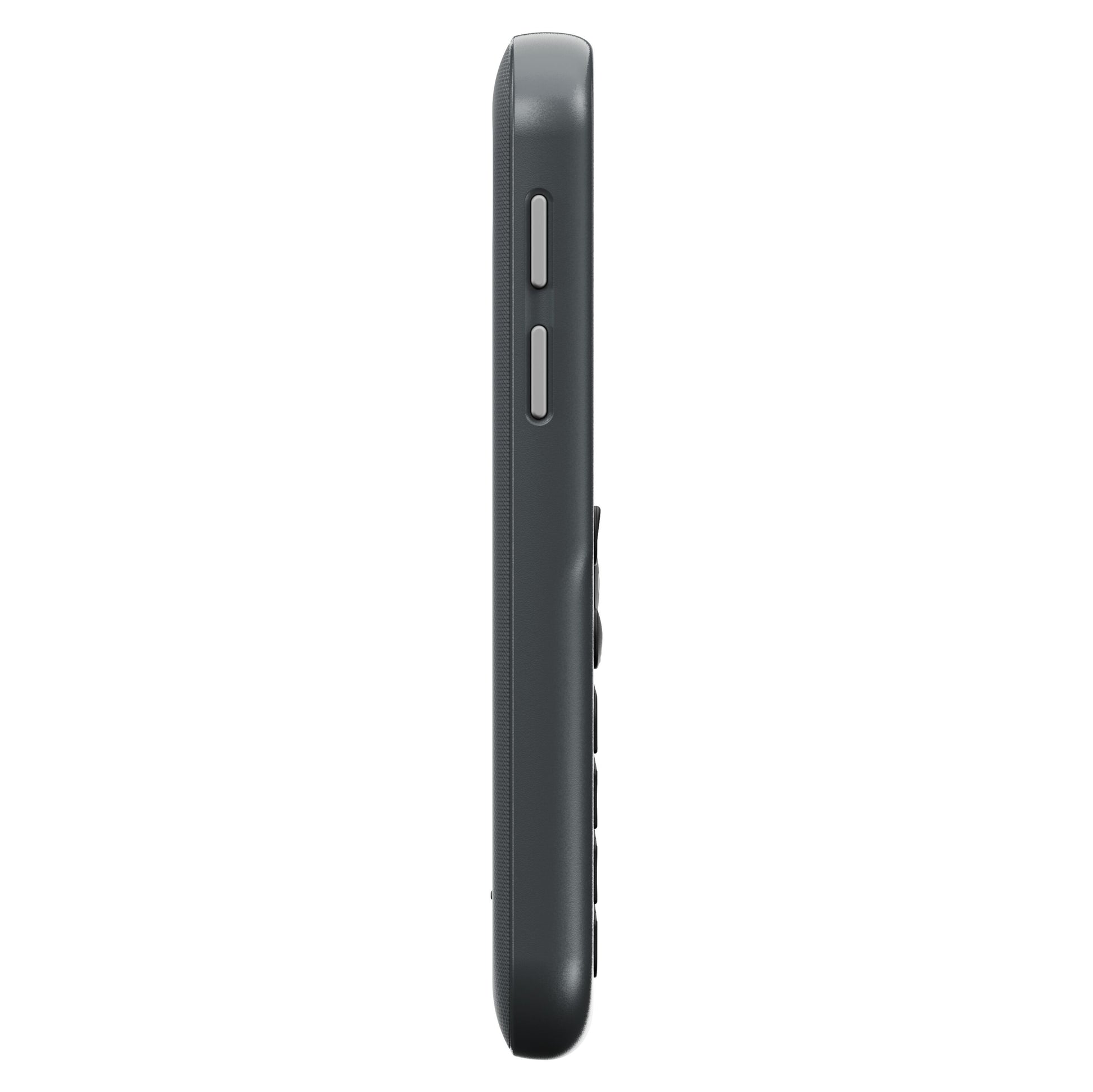 Doro Leva L11 4G mobiltelefon i sideprofil med to aflange volumeknapper og afrundede kanter.