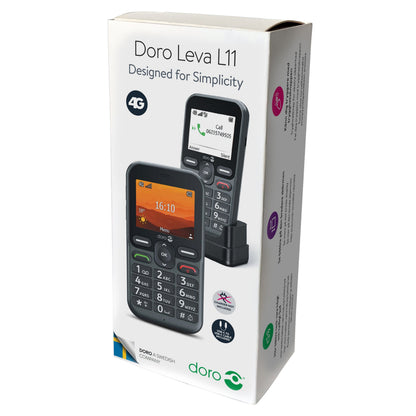 Doro Leva L11 4G mobiltelefon med store knapper, tydelig skærm, SOS-knap, opladerdock og USB-C til USB-C kabel.