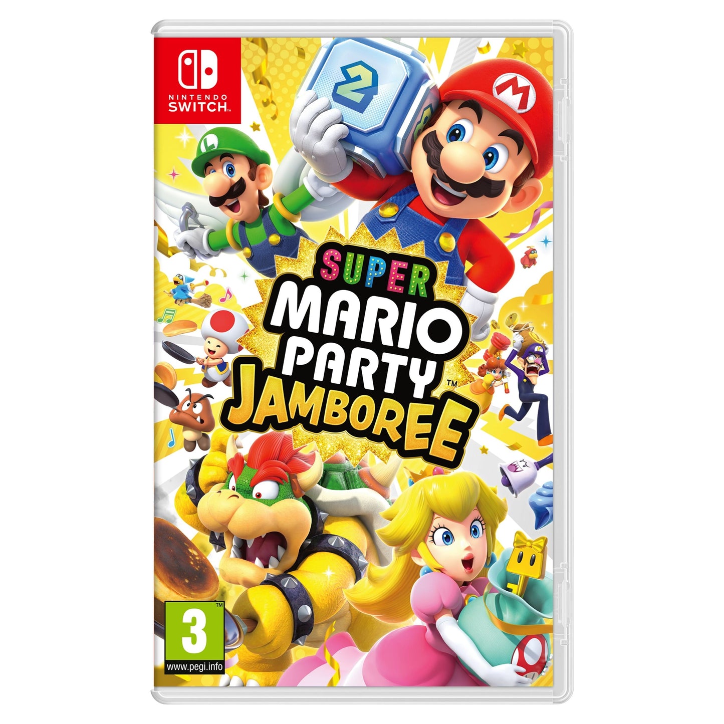 Super Mario Party Jamboree Nintendo Switch spil, gul æske med Mario, Luigi, Peach og Bowser illustration, PEGI 3.