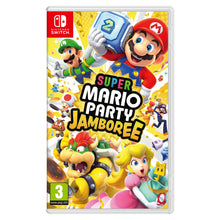 Super Mario Party Jamboree Nintendo Switch spil, gul æske med Mario, Luigi, Peach og Bowser illustration, PEGI 3.