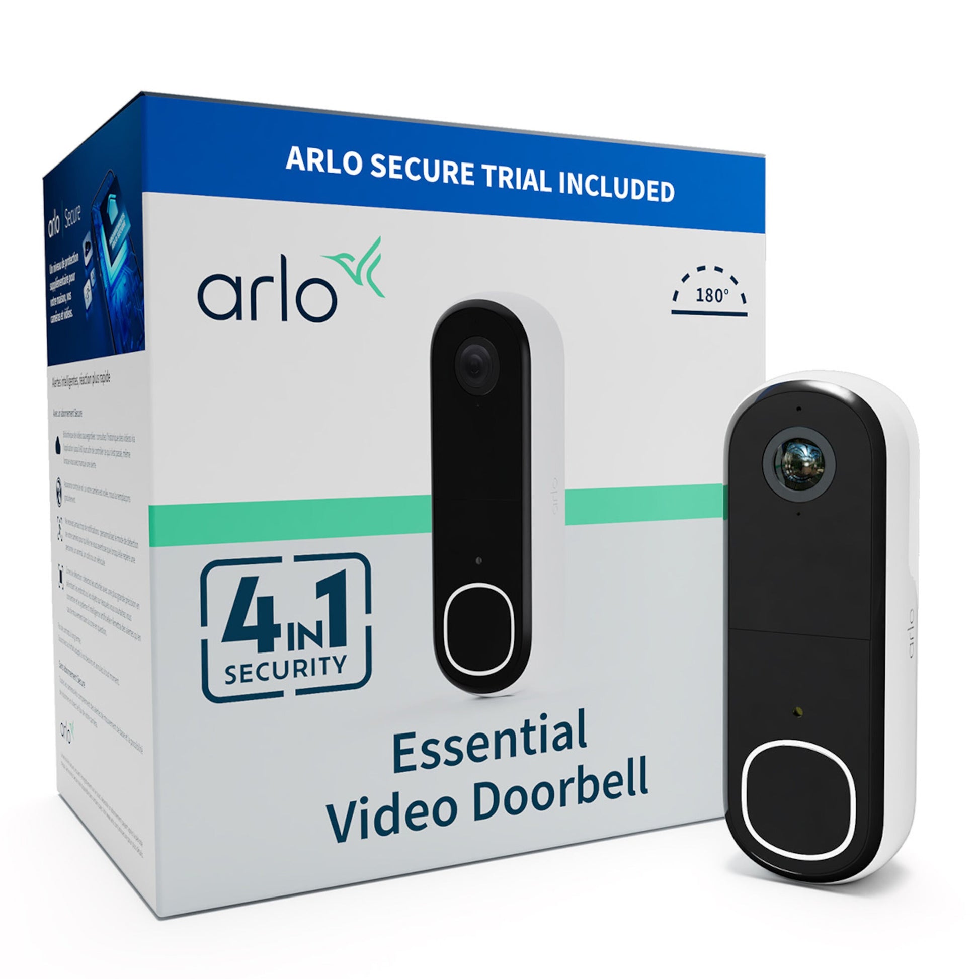 Arlo Essential Doorbell 2 FHD trådløs dørklokke sort-hvid med rund knap, æske med 4-i-1 Security og Secure Trial.