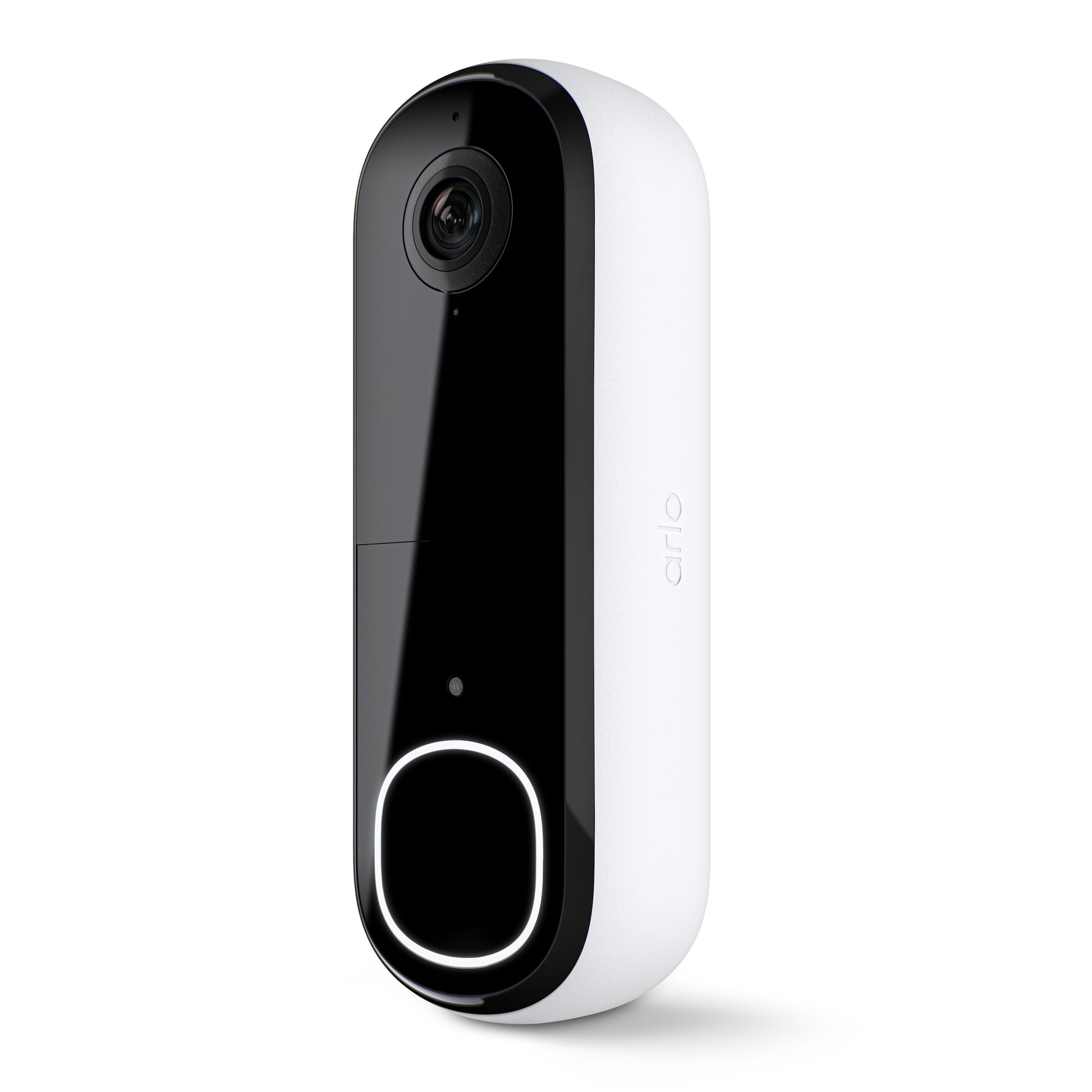 Arlo Essentiel Doorbell 2 FHD trådløs dørklokke, sort front, kameralinse foroven, LED-knap, Arlo-logo på siden.