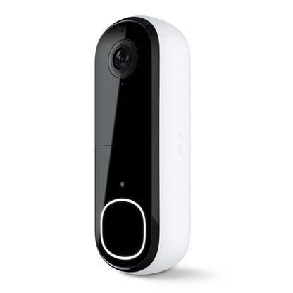 Arlo Essentiel Doorbell 2 FHD trådløs dørklokke, sort front, kameralinse foroven, LED-knap, Arlo-logo på siden.