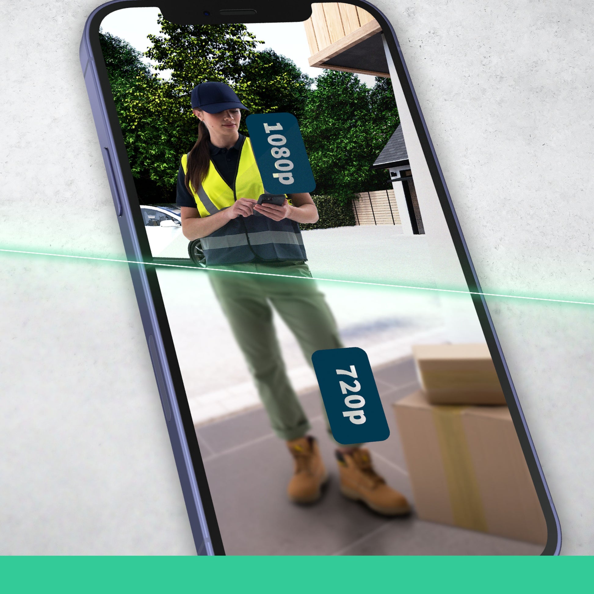 Arlo Essential Doorbell 2 FHD Trådløs, smartphone viser person i gul vest, billede delt i 1080p/720p, papkasser synlige.