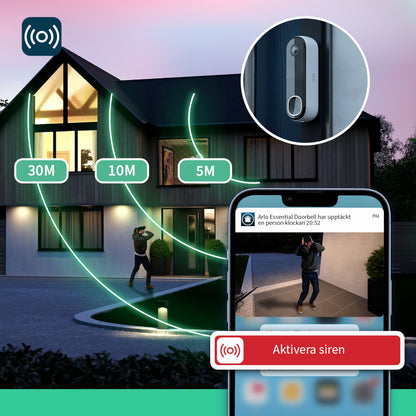 Arlo Essentiel Doorbell 2 FHD Trådløs Dørklokke med personregistrering, sortering, vist med mobil sikkerhedsnotifikation.