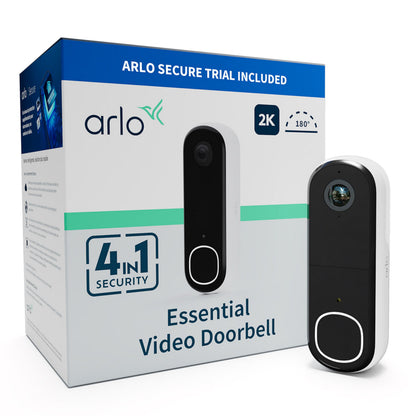 Arlo Essentiel dørklokke 2 2K trådløs foran emballage med 2K-opløsning, 180° synsfelt, prøveperiode på Arlo Secure.