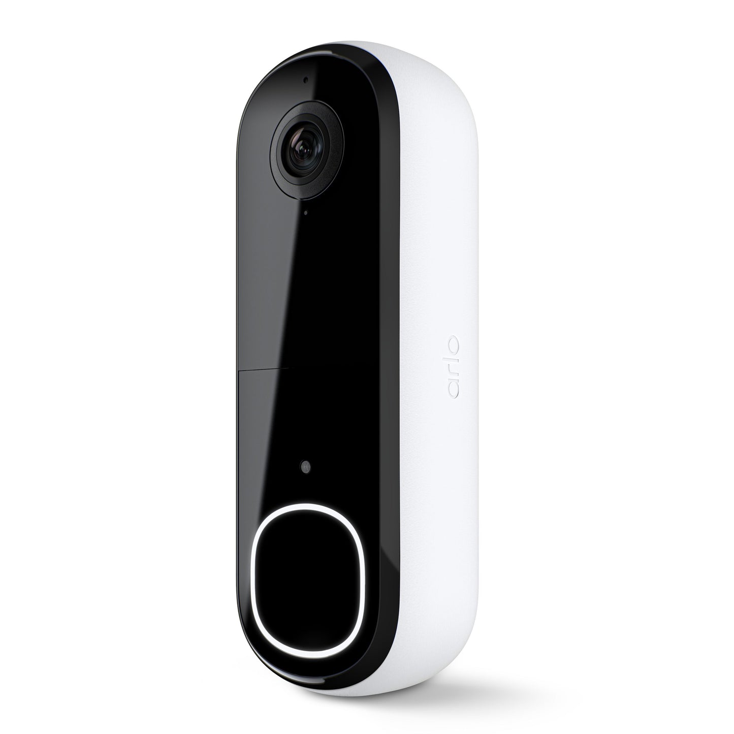 Arlo Essentiel dørklokke 2 2K trådløs, sort front, 2K linse øverst, oplyst knap nederst, "arlo" på hvid side.