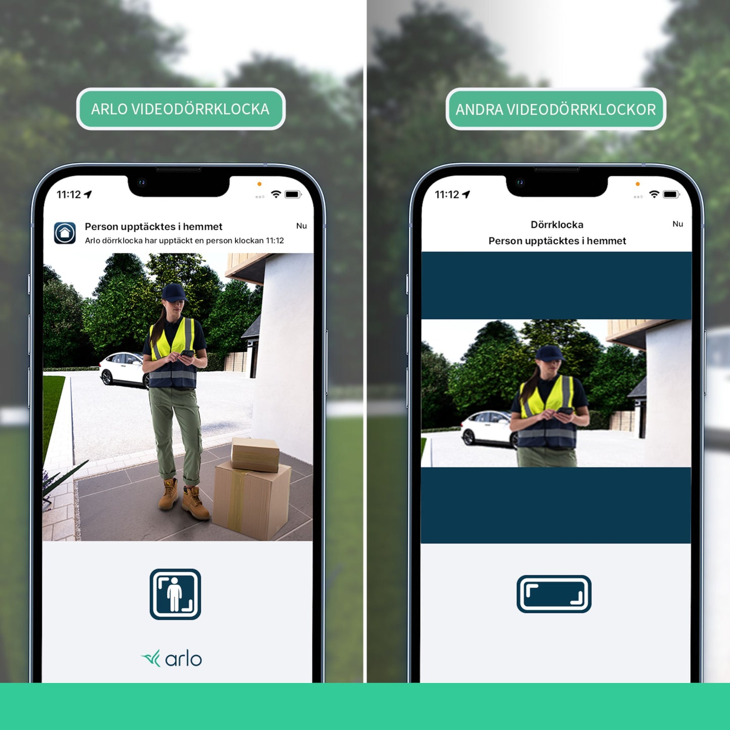 Arlo Essential Dørklokke 2 2K trådløs, fuldkropsbillede af pakkebud, svensk tekst om personregistrering på skærm.