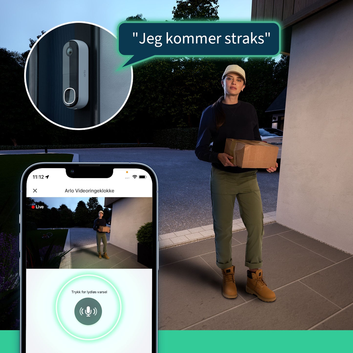 Smartphone viser live-feed fra Arlo Essential dørklokke 2 2K trådløs med norsk besked: Jeg kommer med det samme.