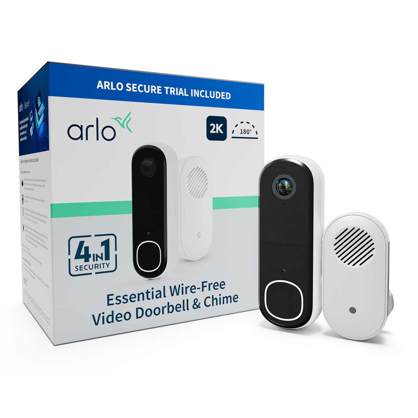 Arlo Essential 2K trådløs videodørklokke og Chime 2 med 2K opløsning, 180° synsfelt, begge dele i æske.