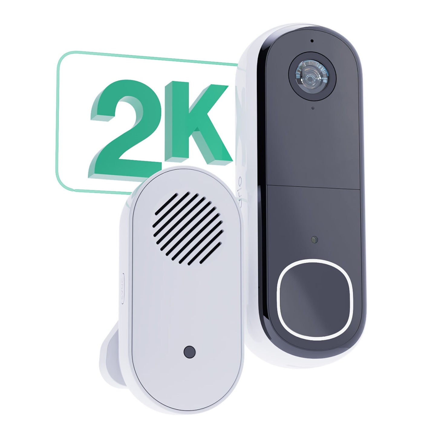 Arlo Essential 2K trådløs videodørklokke med Chime 2, sort og hvid, 2K-symbol vises.