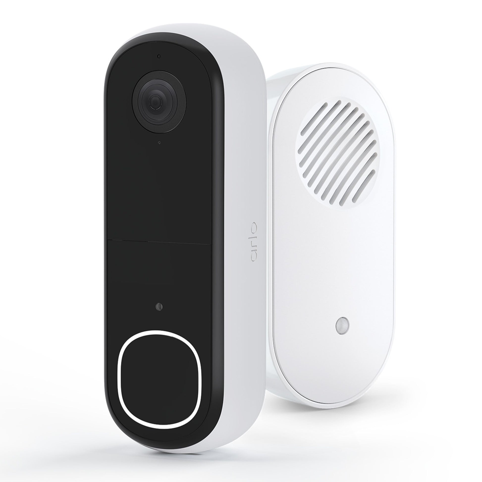 Arlo Essential 2K trådløs videodørklokke sort/hvid med kamera øverst og lysring samt hvid Chime 2 med højtalergitter.