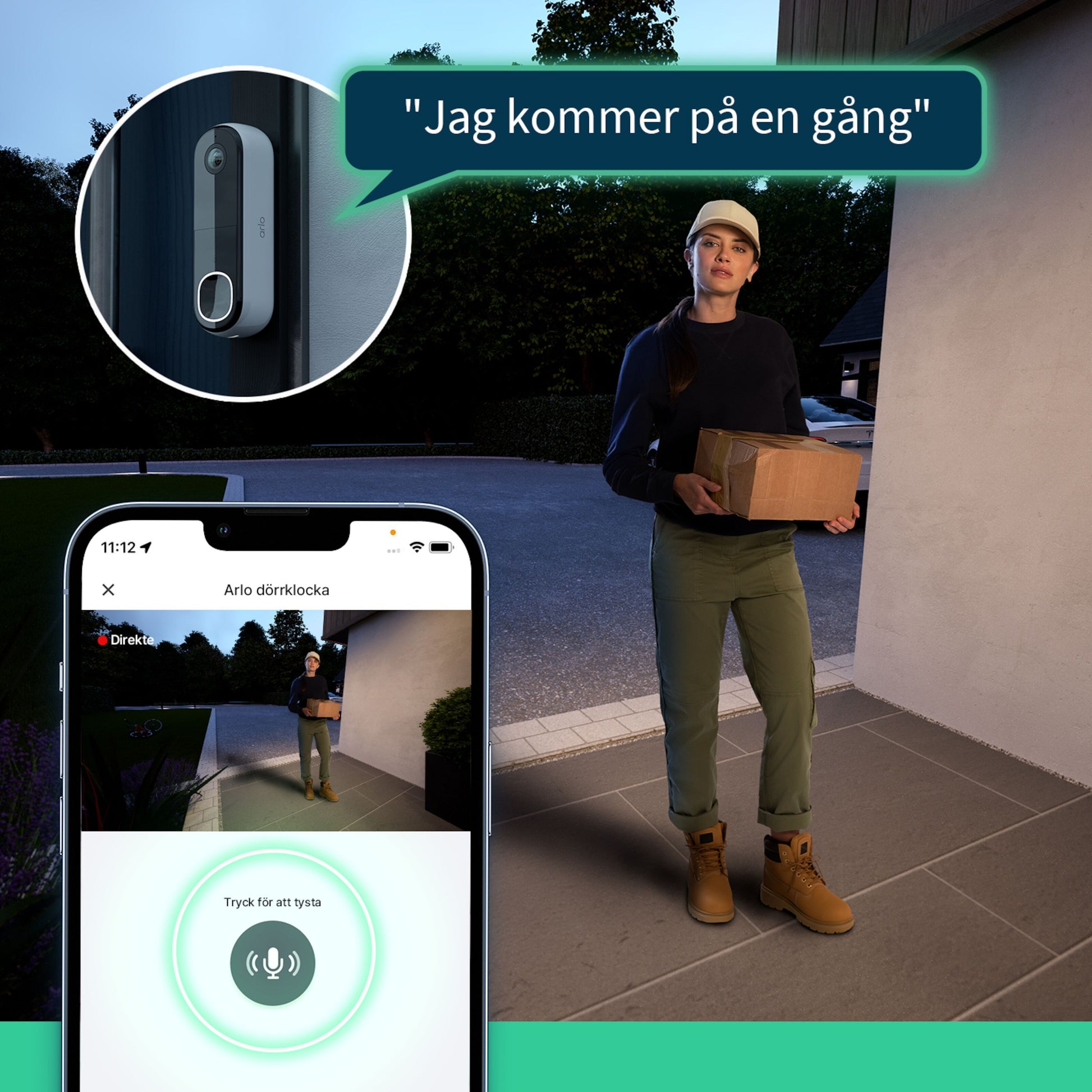 Arlo Essential 2K trådløs videodørklokke med Chime 2 vist på mobil skærm, svensk besked i taleikon.