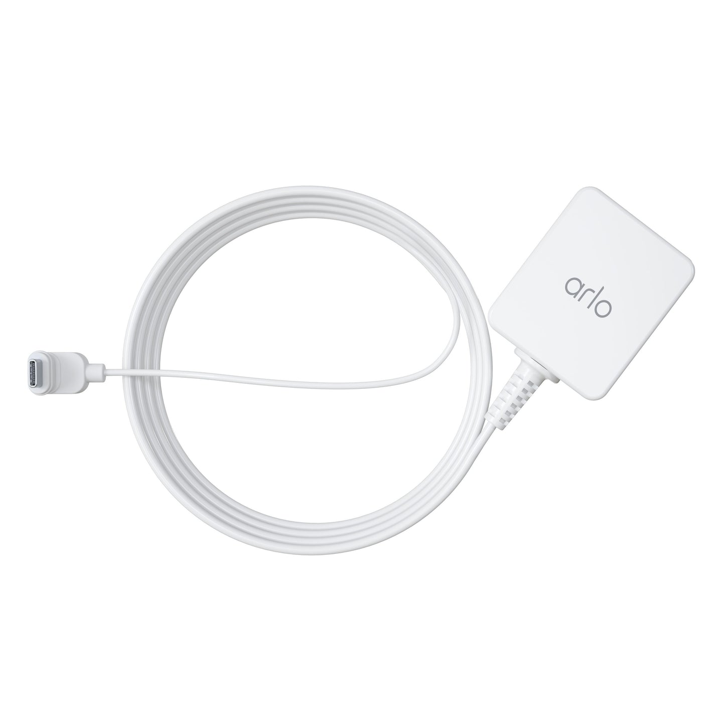 Arlo Essential 2 udendørskabel hvid, rektangulær adapter, USB-stik, kabel rullet sammen.