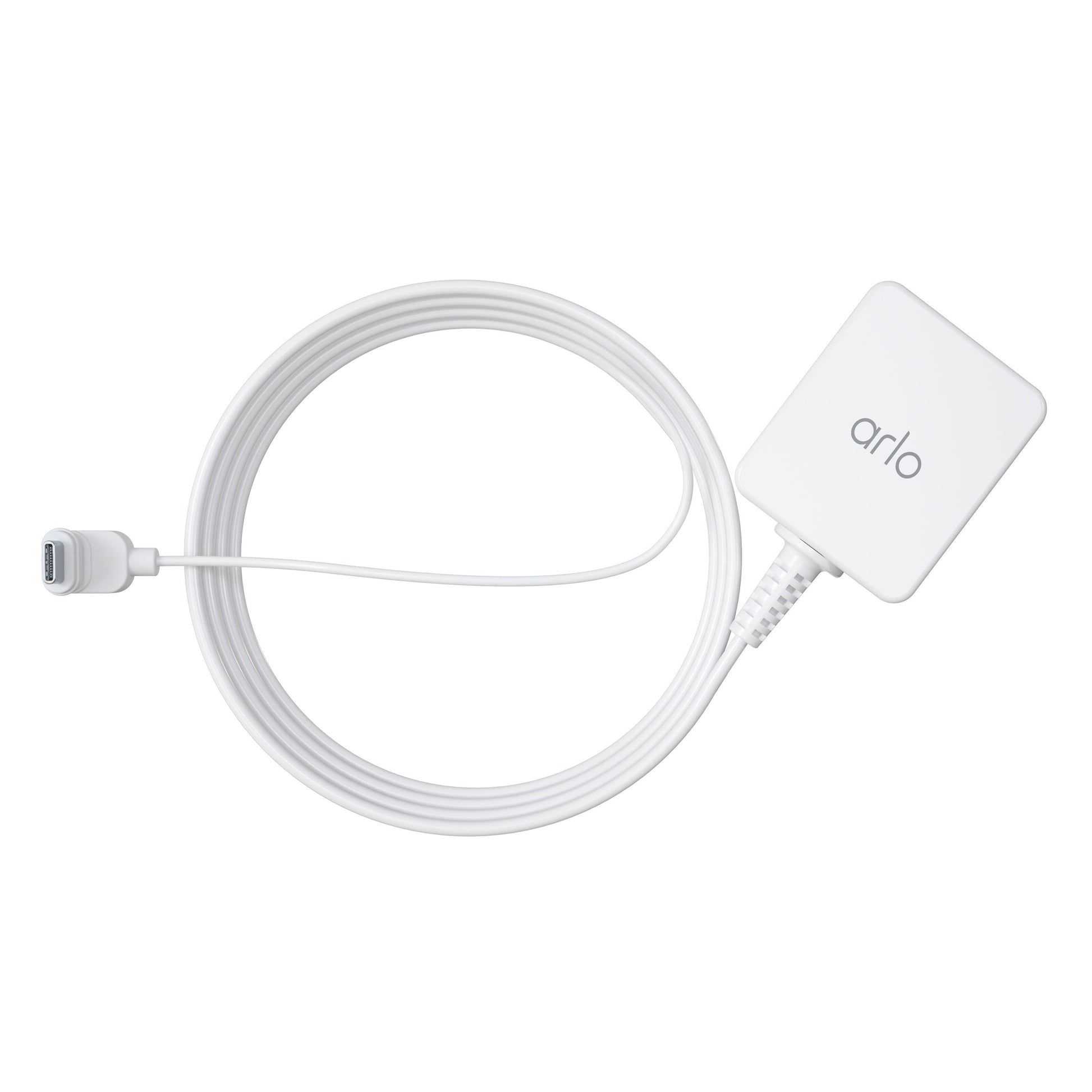 Arlo Essential 2 udendørskabel hvid, rektangulær adapter, USB-stik, kabel rullet sammen.