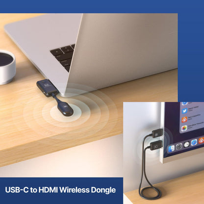 Minix Neo C1 USB-C til HDMI trådløs dongle monteret i laptop, modtager tilsluttet skærm, Full HD vises.