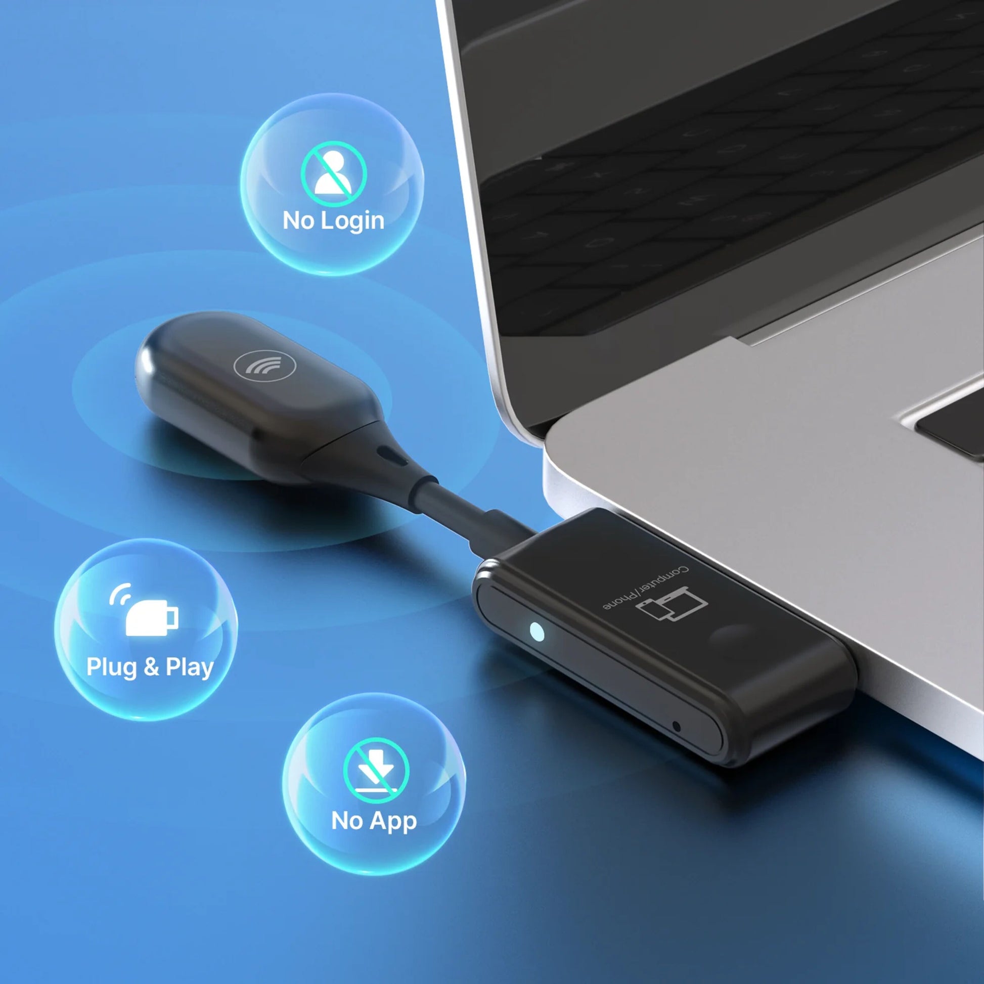 Minix Neo C1 USB-C til HDMI trådløs skærmdongle tilsluttet laptop, ikoner viser No Login, Plug  Play, No App.
