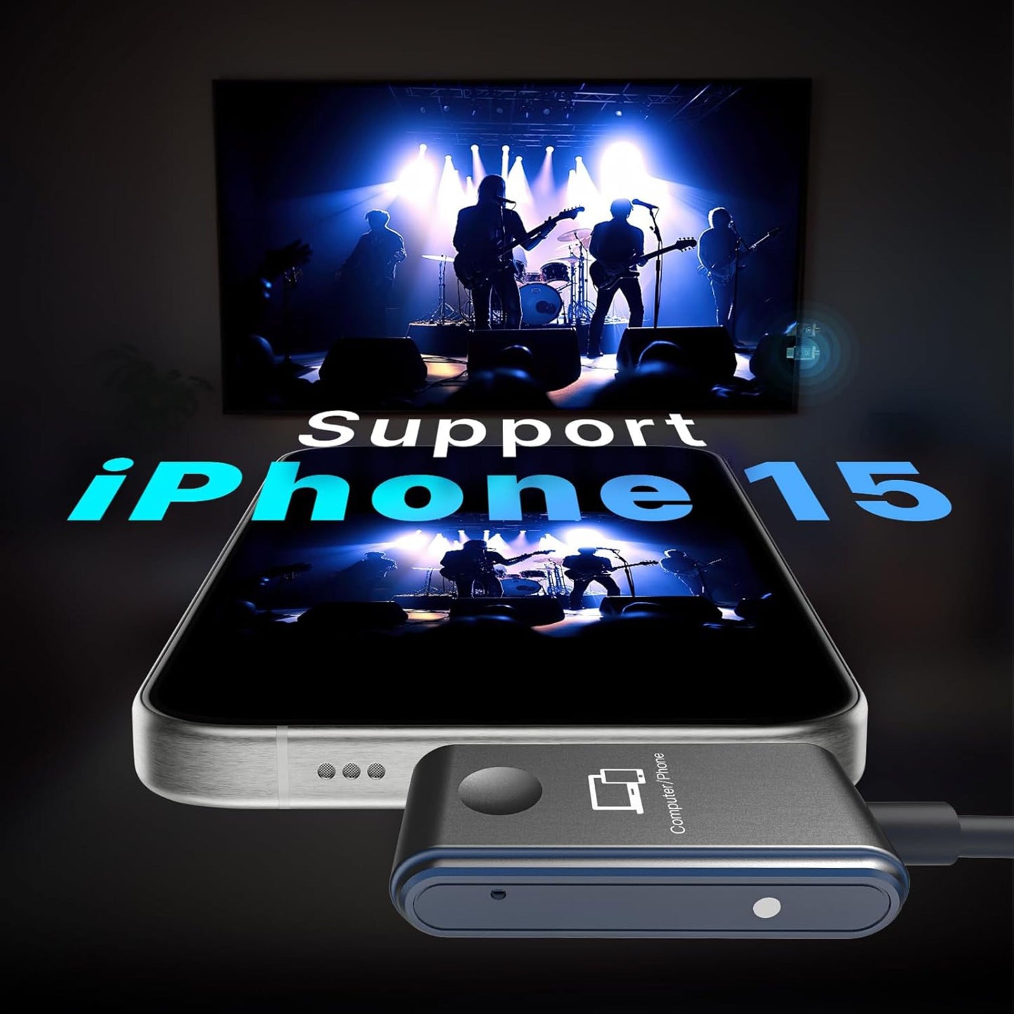 MINIX Neo C1 USB-C til HDMI trådløs dongle, viser skærmspejling fra iPhone 15 til TV, tekst: Understøtter iPhone 15.