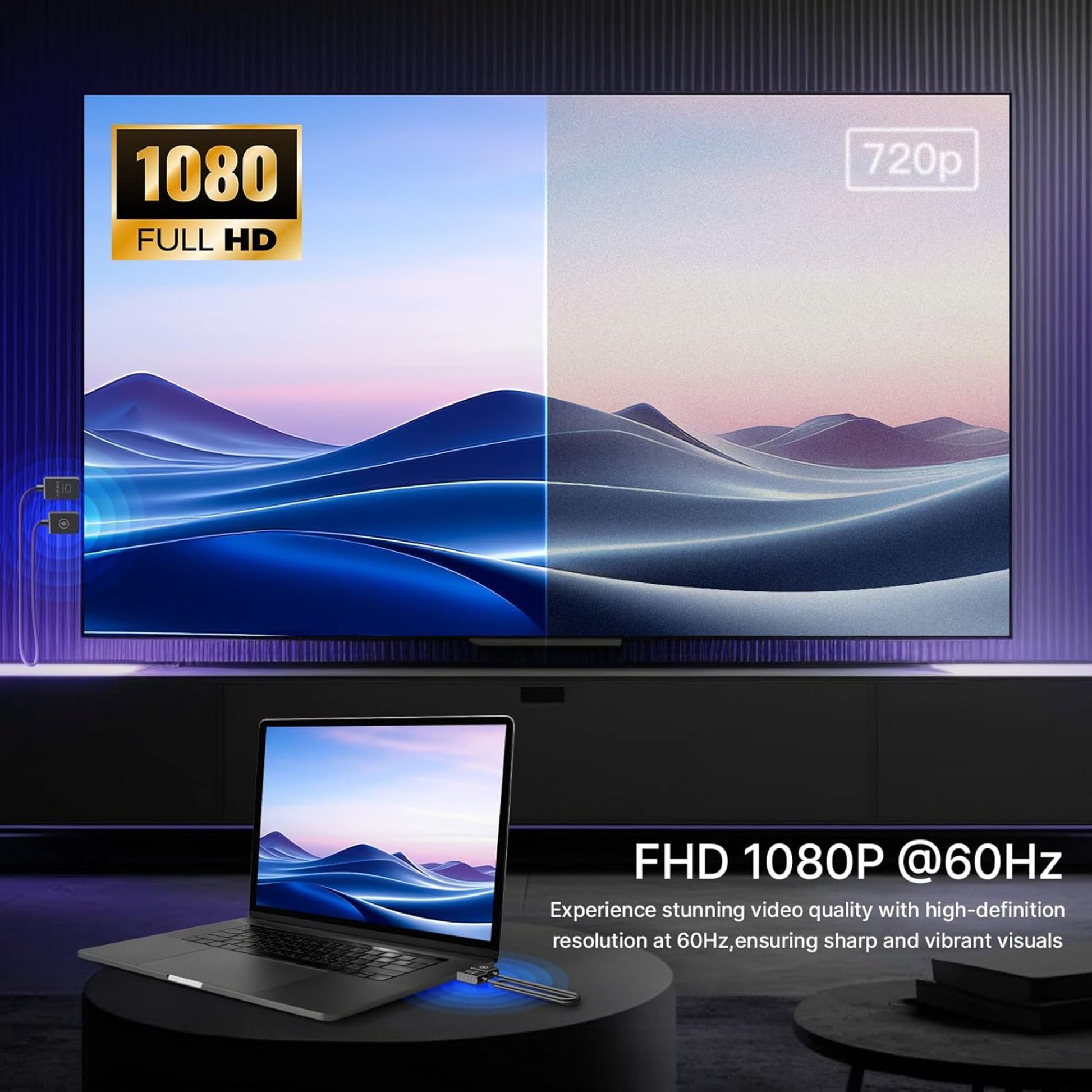 Minix Neo H1 HDMI til HDMI trådløs dongle, FHD 1080p 60Hz, billede sammenlignet med 720p, sort.