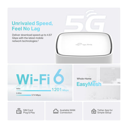 TP-Link Archer NX200 5G AX1800 router med 5G-internetdeling, dual-band WiFi, EasyMesh, SIM Plug  Play, WAN, op til 4,67 Gbps.