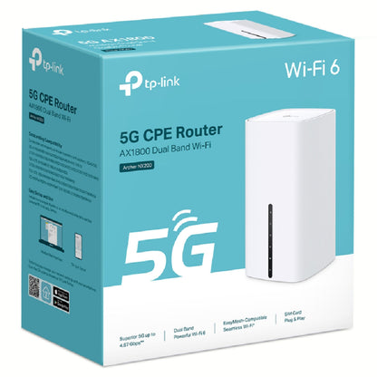 TP-Link Archer NX200 5G AX1800 trådløs router, hvid, æske med info om 5G-deling, SIM-kortplads, op til 4,67 Gbps.