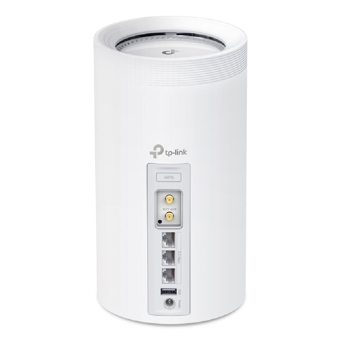 TP-Link Deco BE65-5G mesh-node BE9300 1-pack bagfra med logo, WPS-knap, coax-port, Ethernet-porte, strøm- og USB-port.