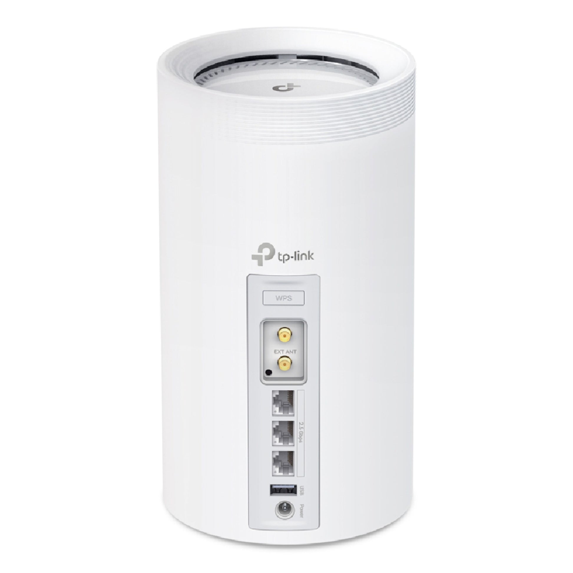 TP-Link Deco BE65-5G mesh-node BE9300 1-pack bagfra med logo, WPS-knap, coax-port, Ethernet-porte, strøm- og USB-port.