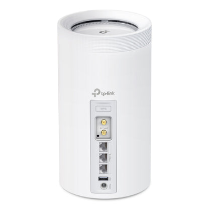 TP-Link Deco BE65-5G mesh-node BE9300 1-pack bagfra med logo, WPS-knap, coax-port, Ethernet-porte, strøm- og USB-port.