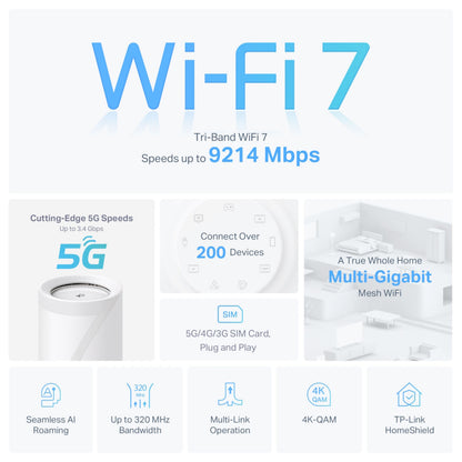 TP-Link Deco BE65-5G meshnode BE9300 tri-band 9214 Mbps 5G SIM 200+ enheder multi-gig mesh 320 MHz 4K-QAM HomeShield.