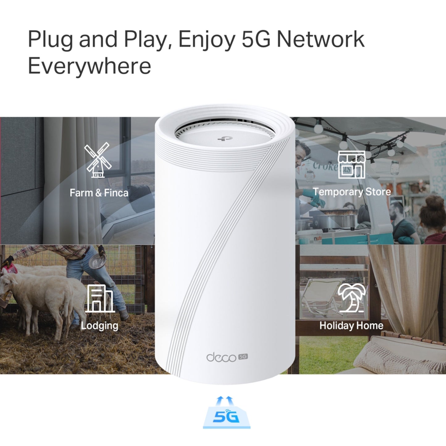 TP-Link Deco BE65-5G mesh-node BE9300 hvid, WiFi 7, synlig tekst: Gård  Finca, midlertidig butik, logi, feriehus.