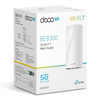 Tp-Link Deco BE65-5G mesh-node BE9300 1-pack, WiFi 7, 5G internet, op til 3,4 Gbps, nøgleinfo fremhævet på æsken.