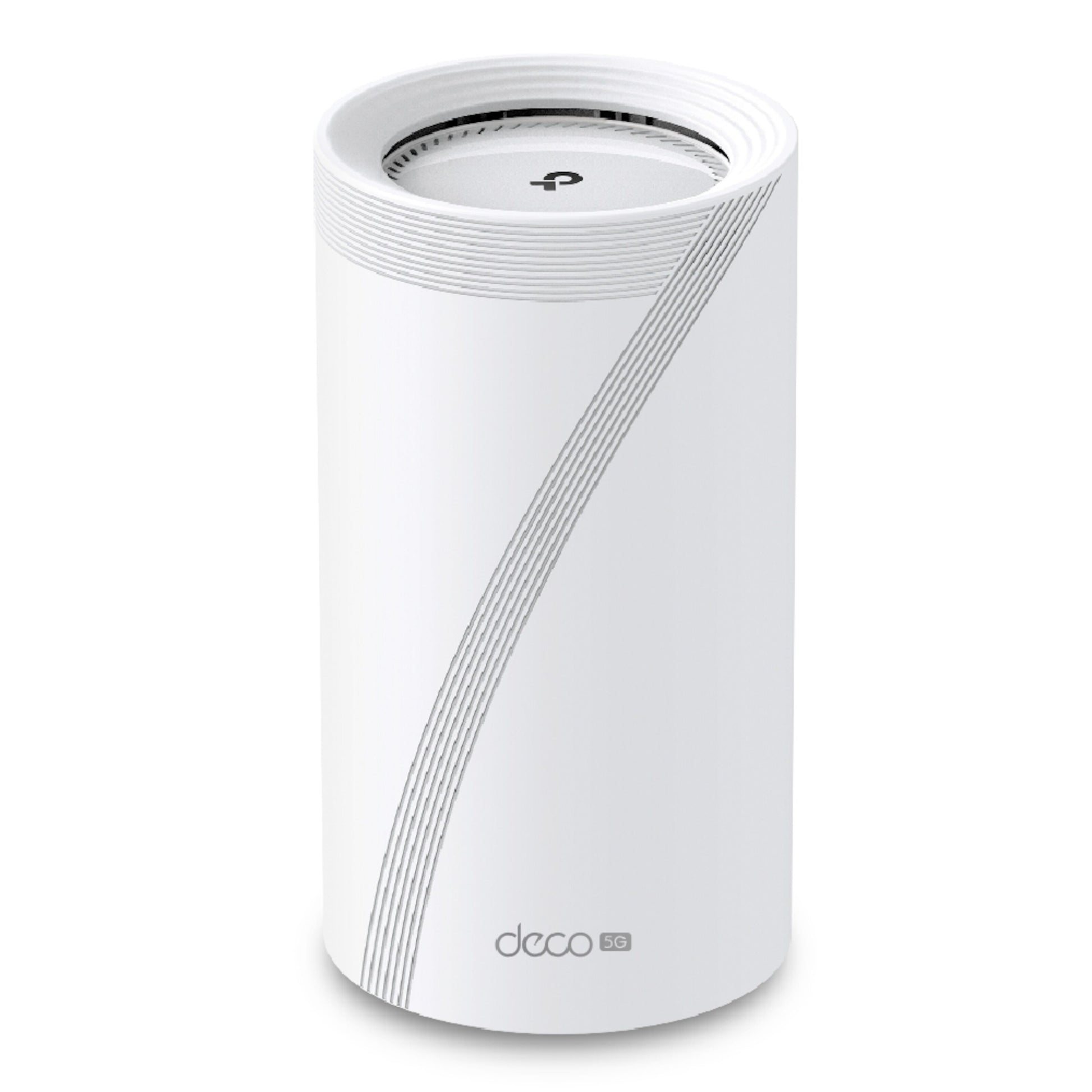 TP-Link Deco BE65-5G BE9300 mesh node, hvid cylinder med grå kurvede linjer og topventilation, WiFi 7 tri-band.
