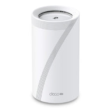 TP-Link Deco BE65-5G BE9300 mesh node, hvid cylinder med grå kurvede linjer og topventilation, WiFi 7 tri-band.
