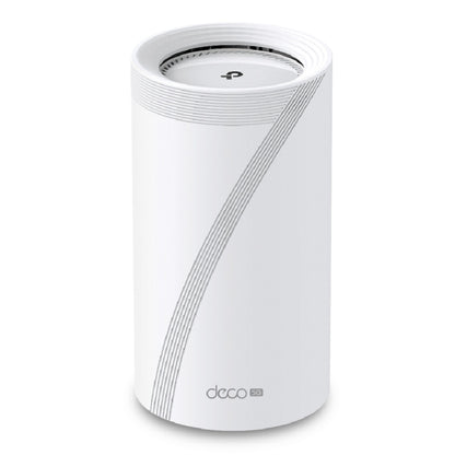 TP-Link Deco BE65-5G BE9300 mesh node, hvid cylinder med grå kurvede linjer og topventilation, WiFi 7 tri-band.