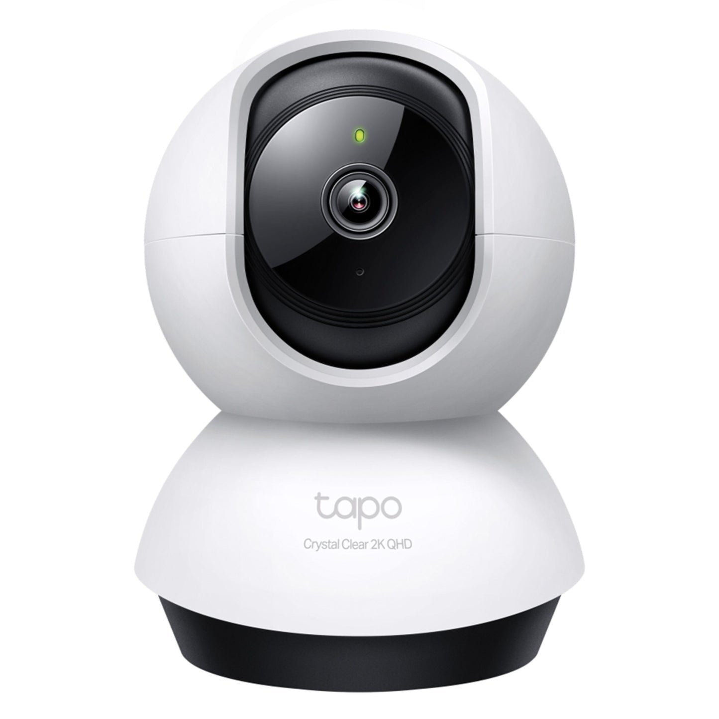 TP-Link Tapo C220 pan/tilt AI trådløst overvågningskamera sort, rund base, mærket "Crystal Clear 2K QHD.
