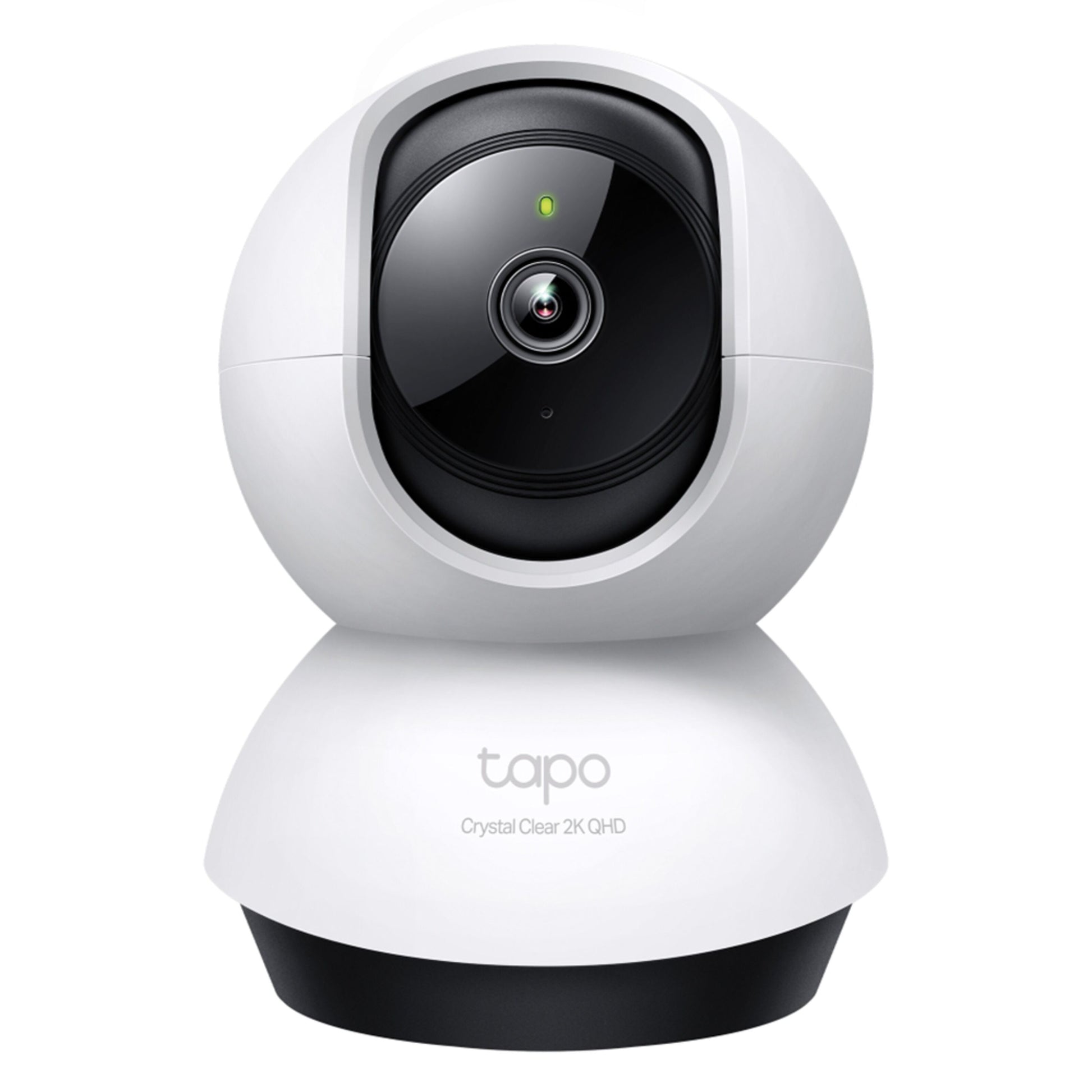 TP-Link Tapo C220 pan/tilt AI trådløst overvågningskamera sort, rund base, mærket "Crystal Clear 2K QHD.