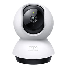 TP-Link Tapo C220 pan/tilt AI trådløst overvågningskamera sort, rund base, mærket "Crystal Clear 2K QHD.