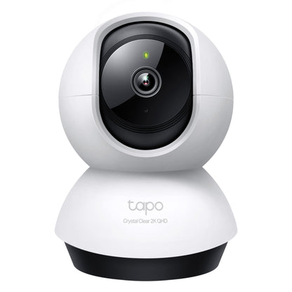 TP-Link Tapo C220 pan/tilt AI trådløst overvågningskamera sort, rund base, mærket "Crystal Clear 2K QHD.