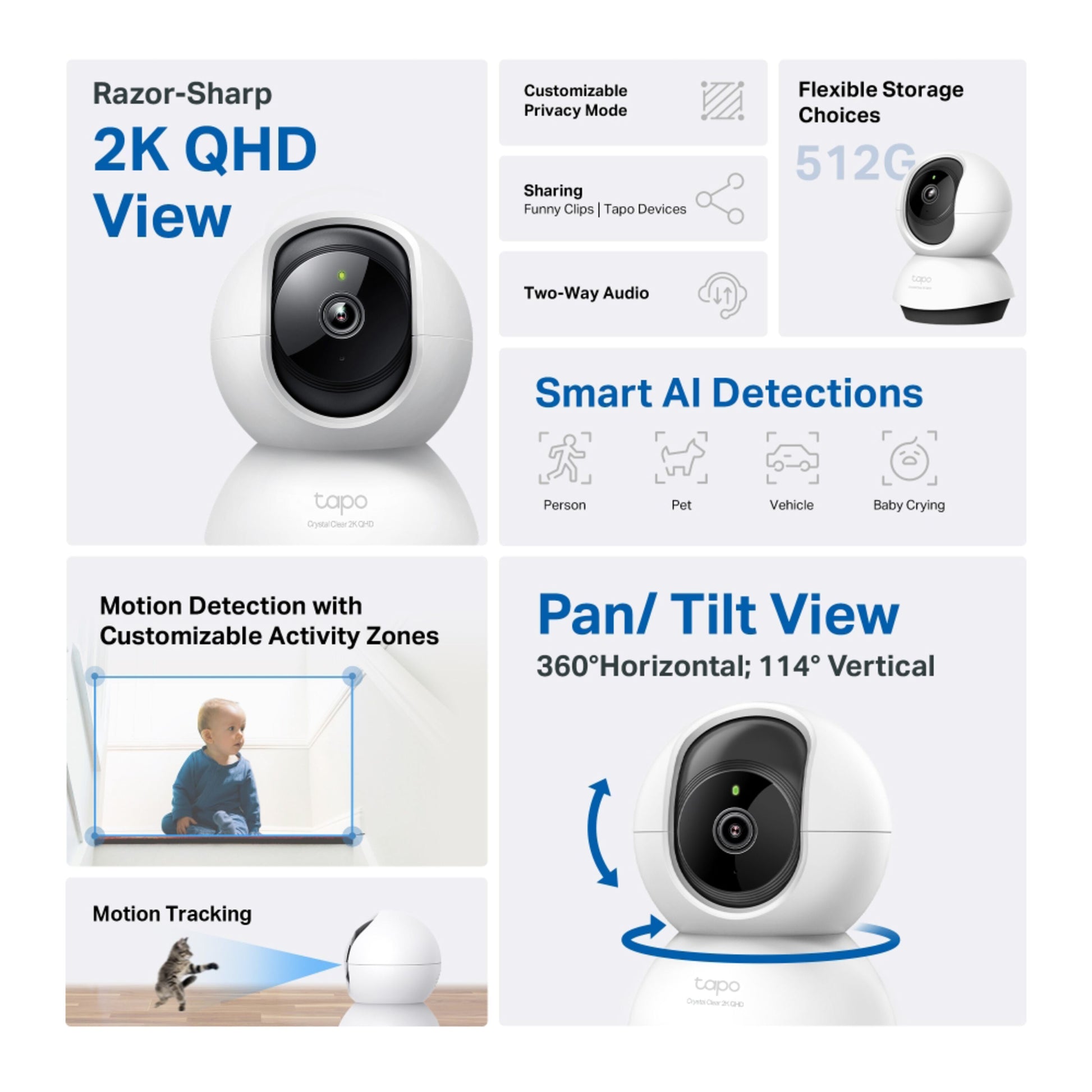 TP-Link Tapo C220 pan/tilt AI trådløst overvågningskamera 2K QHD, privatlivstilstand, tovejs lyd, 512GB, nattesyn.