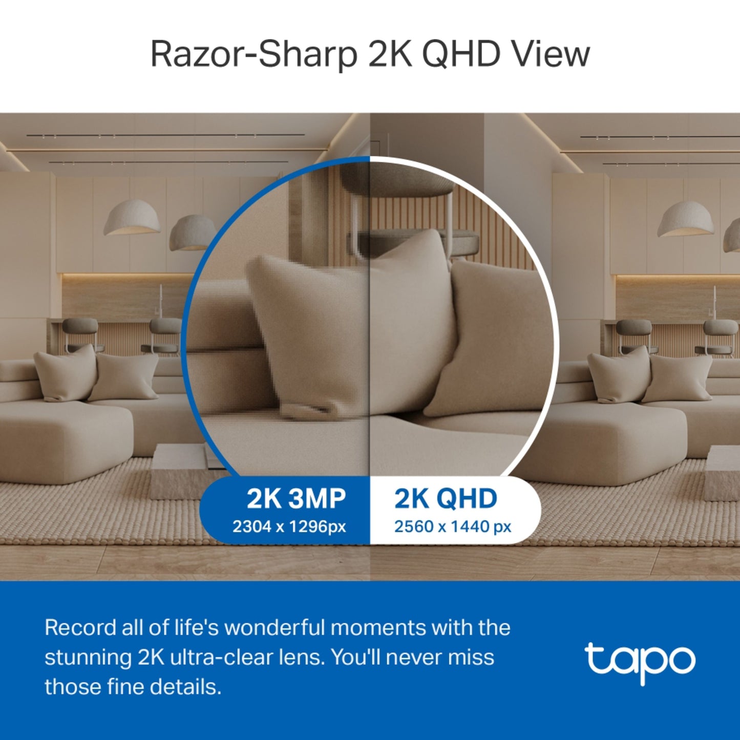 TP-Link Tapo C220 Pan/Tilt AI trådløs overvågningskamera sammenligning 2K 3MP vs 2K QHD billedkvalitet, TP-Link logo nederst.