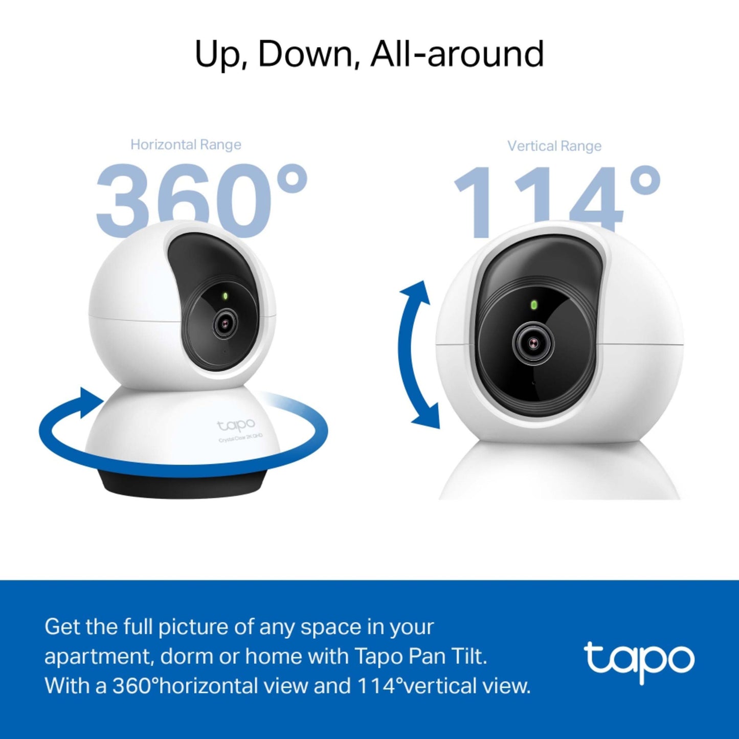 TP-Link Tapo C220 pan/tilt AI overvågningskamera med 360° pan, 114° tilt og nattesyn fremhævet med pile.