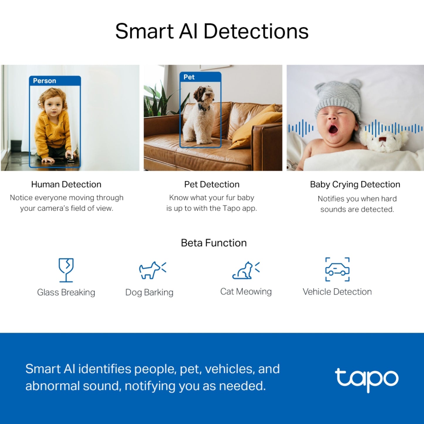 TP-Link Tapo C220 pan/tilt AI trådløst overvågningskamera registrerer mennesker, kæledyr, babygråd, lyde og køretøjer.