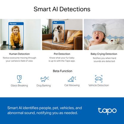 TP-Link Tapo C220 pan/tilt AI trådløst overvågningskamera registrerer mennesker, kæledyr, babygråd, lyde og køretøjer.