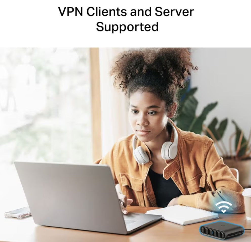 TP-Link TL-WR1502X WiFi 6 Travel Router med teksten VPN Clients and Server Supported, fleksibel internet på farten.