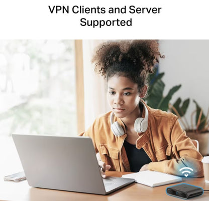 TP-Link TL-WR1502X WiFi 6 Travel Router med teksten VPN Clients and Server Supported, fleksibel internet på farten.