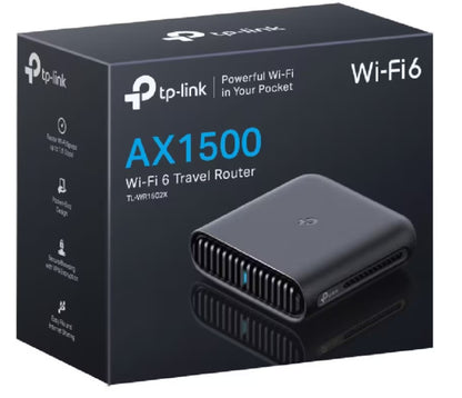 TP-Link TL-WR1502X rejserouter AX1500 WiFi 6 sort, fleksibel internet, tekst: Kraftfuld Wi-Fi i lommen på æsken.