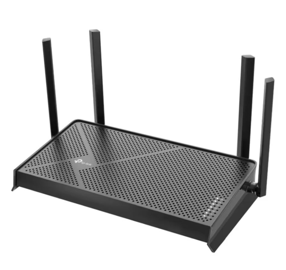 Tp-Link Archer BE230 sort trådløs router WiFi 7 BE3600, fire eksterne antenner, perforeret overflade, Tp-Link logo.